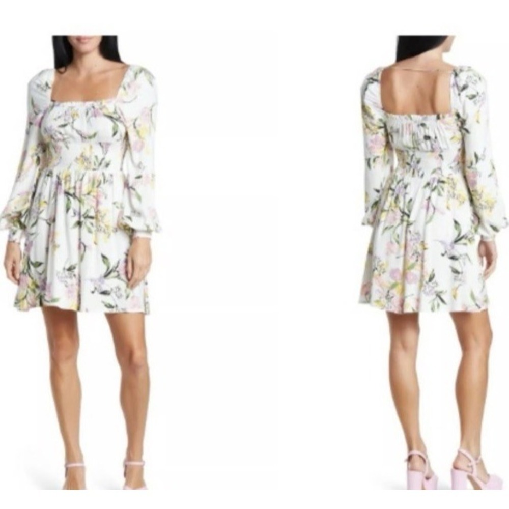 AFRM Floral Mini Dress Small White Floral Smocked Bodice Long Sleeve Blouson